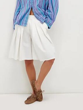 Free People White Pleated Bermuda Shorts